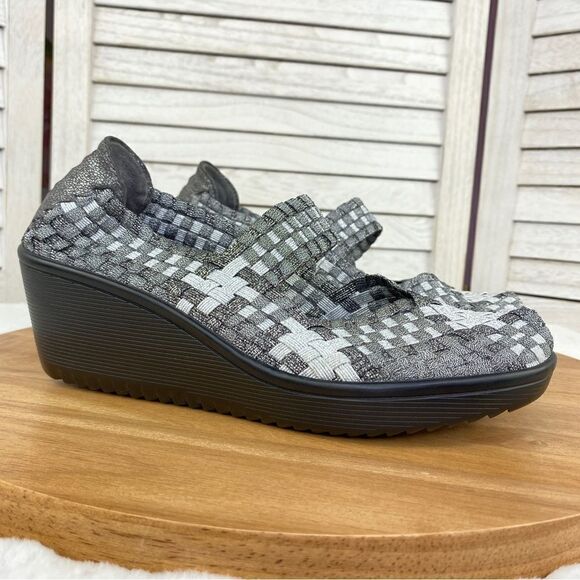 BareTraps Ursala Basket Weave Elastic Mary Jane Wedges Pewter Silver 6 - Picture 1 of 11